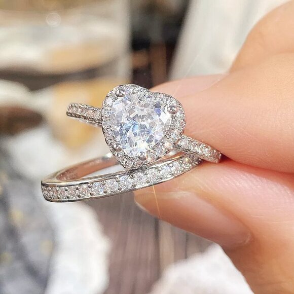 Jewelry - NEW 925 Sterling Silver Diamond Heart Ring Band Set of 2 DIamond Rings